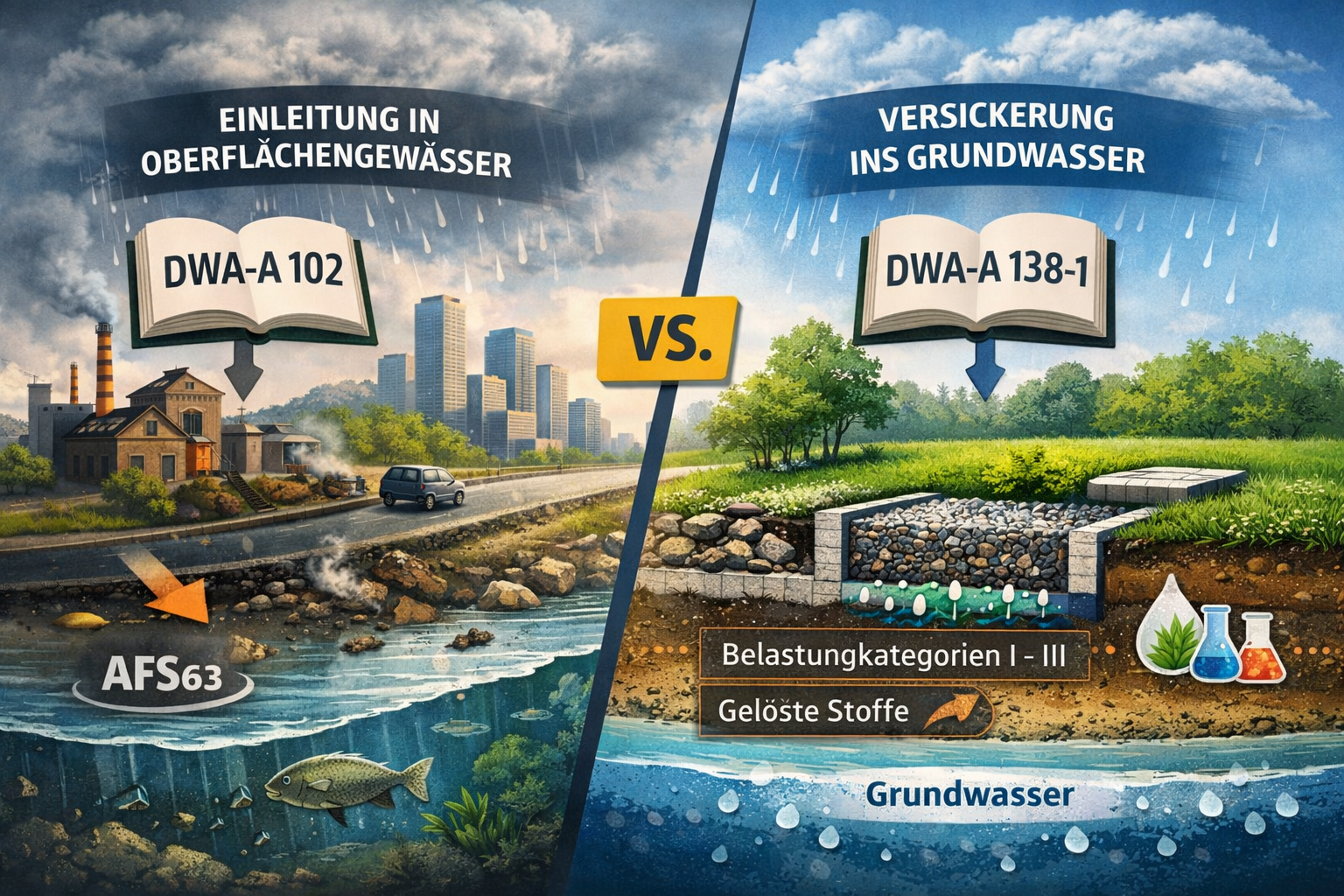 DWA-A 102 vs. DWA-A 138-1: Regenwasser-Behandlung – Gewässer oder Versickerung?